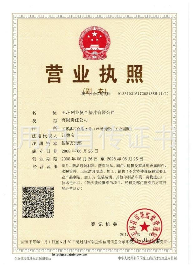 Κίνα Yuhuan Chuangye Composite Gasket Co.,Ltd Πιστοποιήσεις